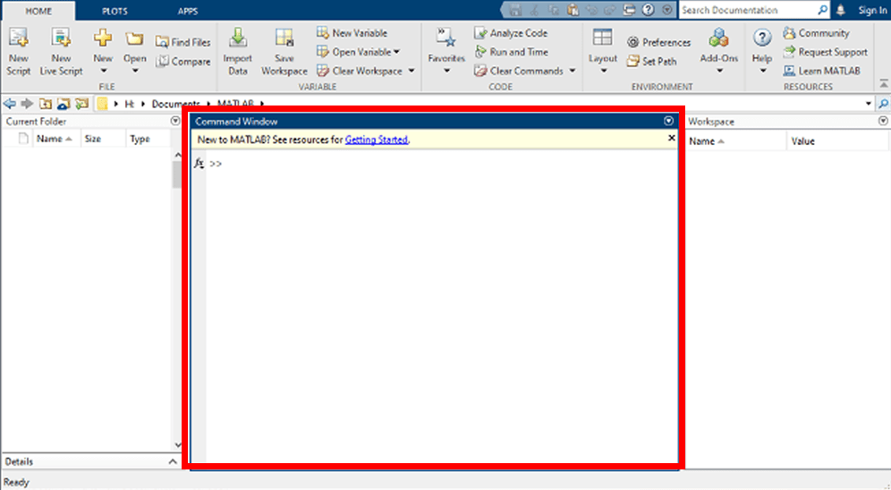 shows command window of MATLAB